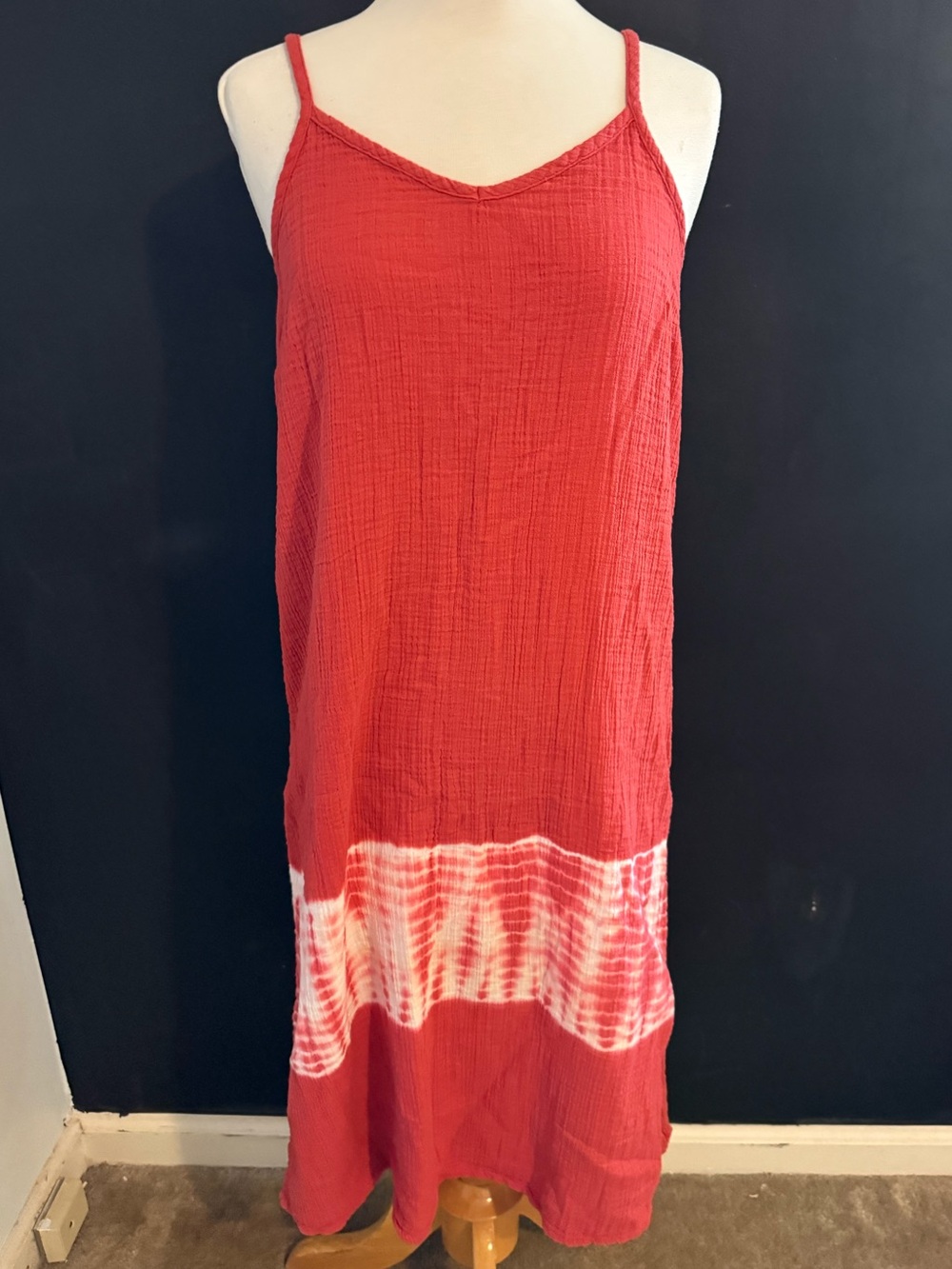 Wonderly Red Double Gauze Cotton Midi Sundress Tie Dye Size Small